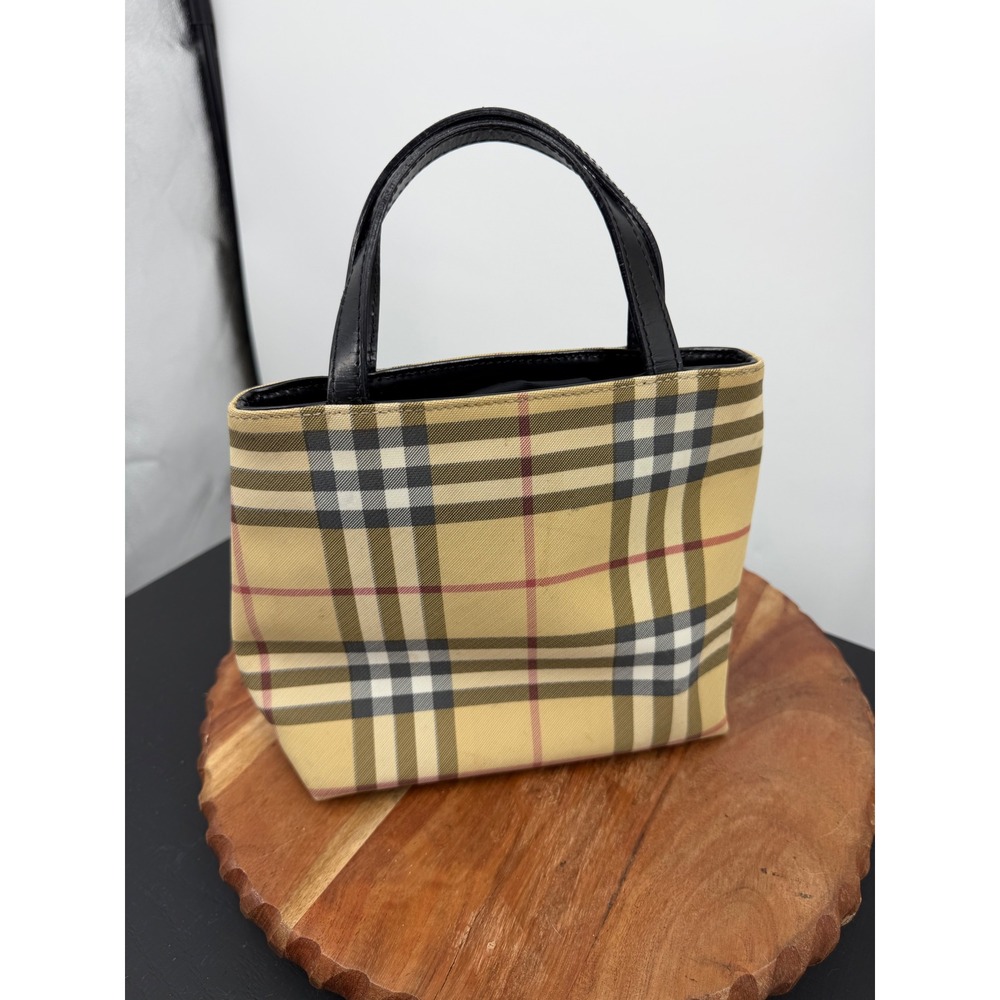 Burberry Haymarket Check Mini Tote Bag Women Small Beige Plaid Canvas Handbag